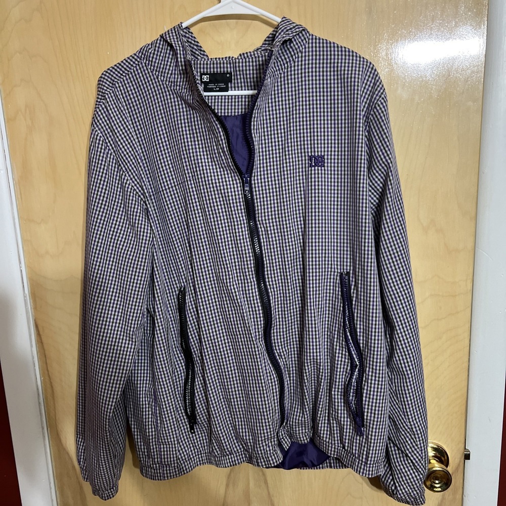 DC Soft Lightweight Zip up Large Hooded Purple And Green Checkered Jacket